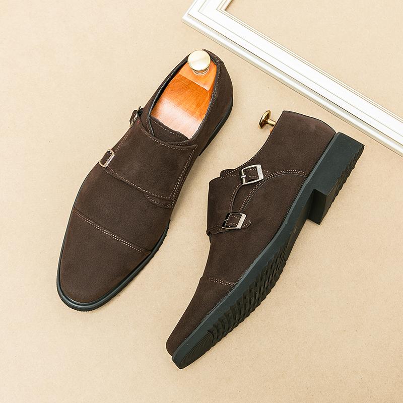 Flock Loafers for Men Double Buckle Monk Shoes Black Brown Slip-On Square Toe Business Shoes for Men with