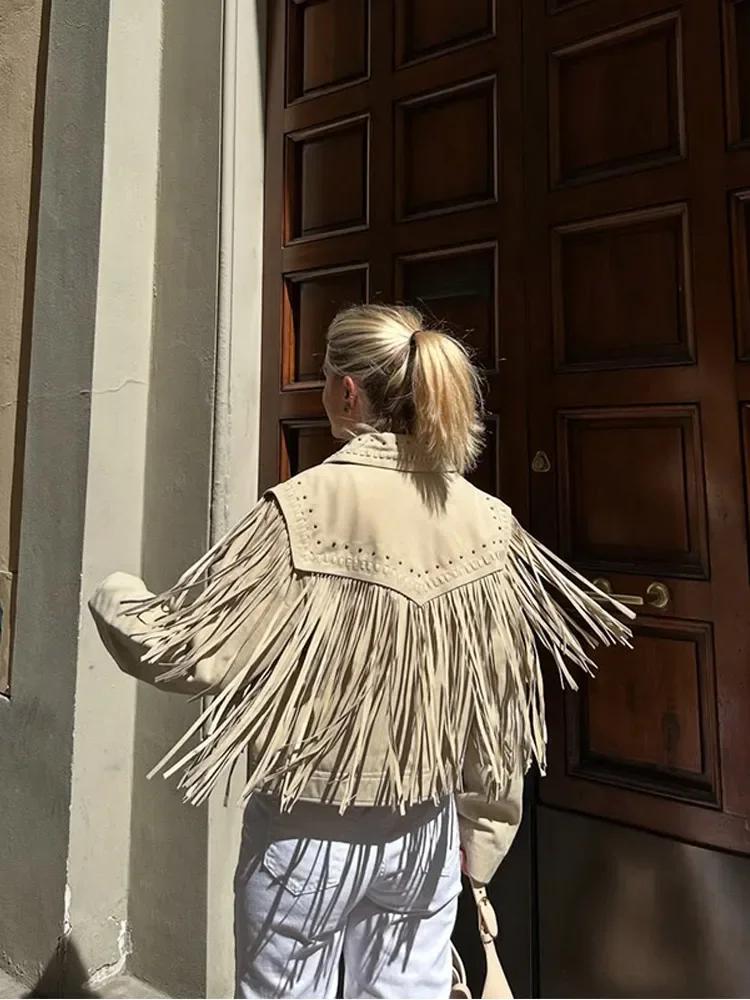 Short Pu Suede Jacket Women Fashionable New 2025 Long Sleeve Tassel Lapel Collar Cropped Slim Coat Lady Street New Outerwear