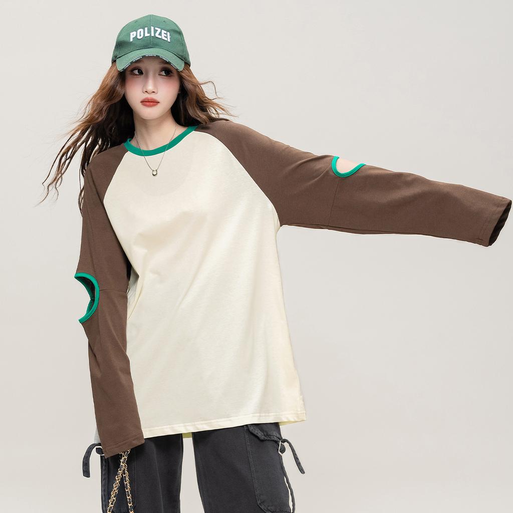 Hollow out design: Spring and Autumn fashion raglan sleeves contrasting color round neck T-shirt cool and cool casual loose top