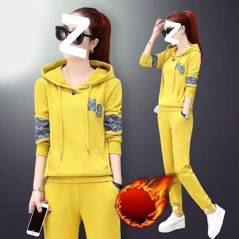 Casual Sports Suit for Women, Autumn and Winter, Korean Style, Velvet, Thickened, Loose, Hooded Sports Two-piece Set