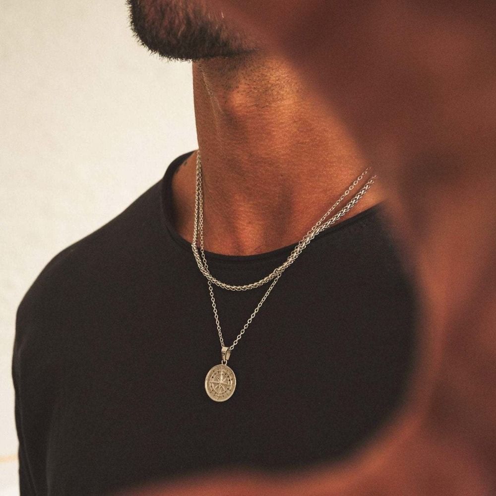 Vintage Compass Pendant Stainless Steel Cuban Style Choker Clavicle Chain Man Necklace Wheat Chain