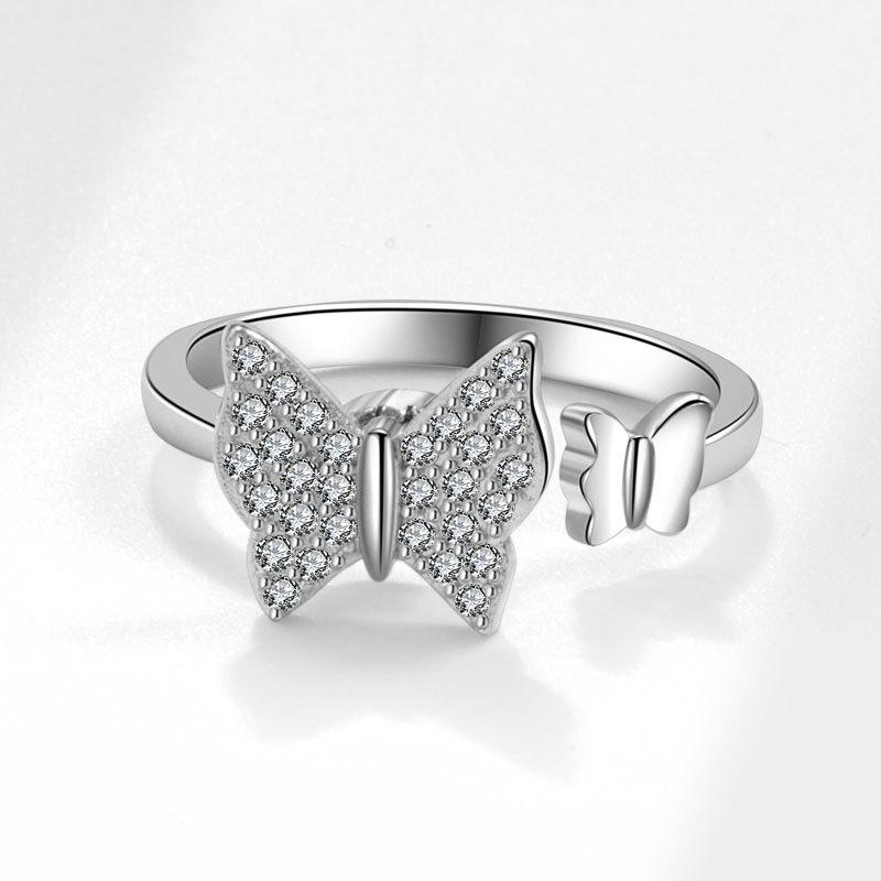 Dainty Butterfly Anxiety Ring For Women Metal Copper Inlaid Rhinestone Spinner Fidget Anti-Stress Adjustable Open Ring