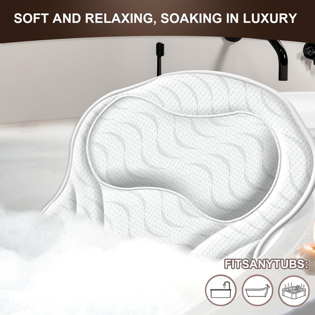 Bath Pillow Luxury Bathtub Pillow - Bath Pillows for Tub Neck and Back Support, Ergonomic Tub Pillow for Bath with 6 Powerful Suction Cups, Fits All