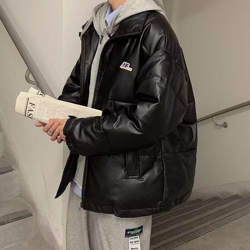 

2025 Winter Men s Faux Two-Piece Hooded PU Leather Puffer Jacket - High-End Cotton Padded Style 3XL