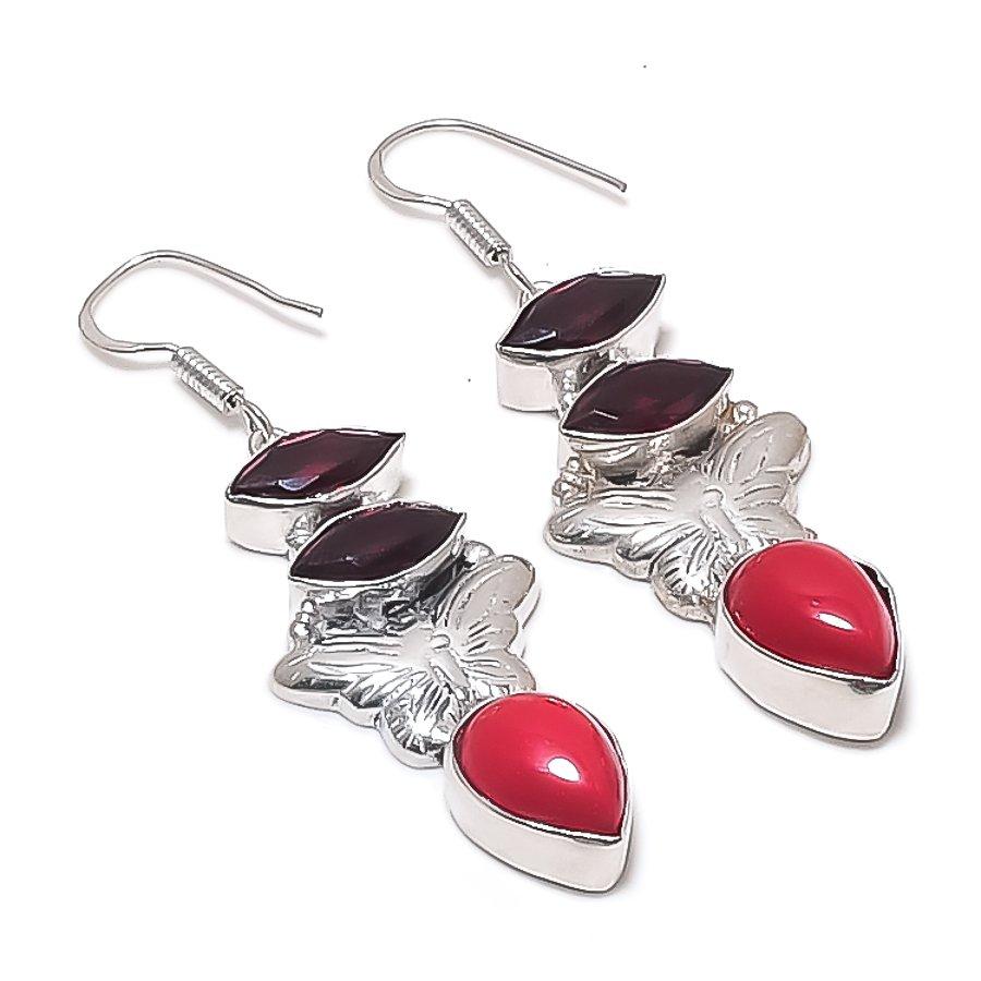 Natural Red Coral, Garnet Gemstone 925 Sterling Silver Earring 2.36" Z6A97
