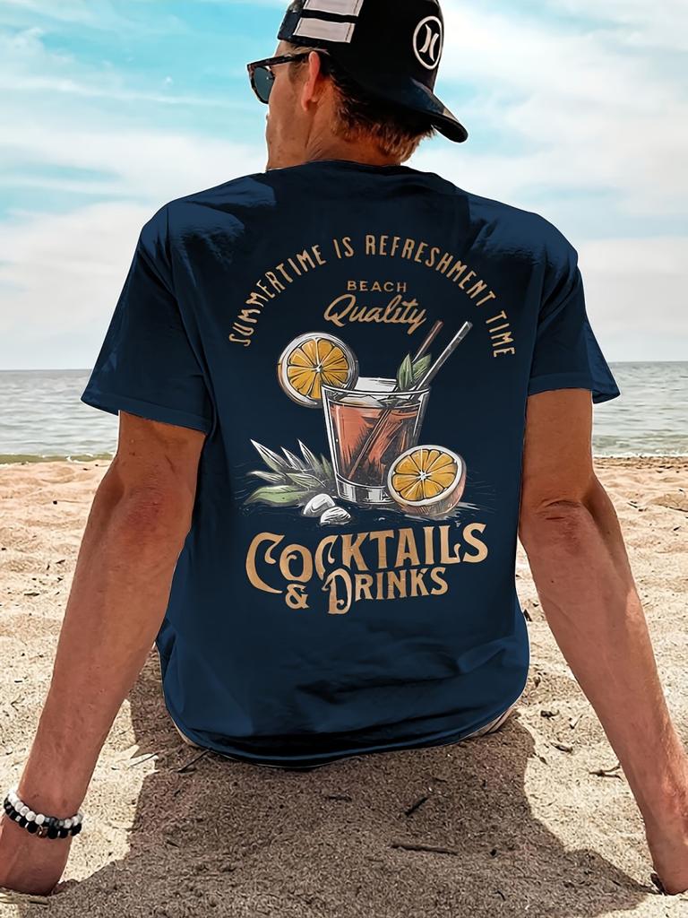 Summer Men's New Cocktail Beach Landscape Print Breathable and Comfortable Round Neck T-shirt Outdoor Casual Top
