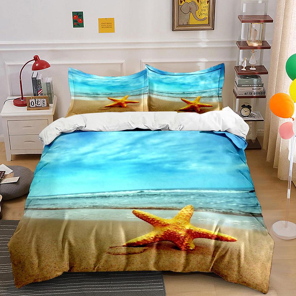 Yellow starfish on the beach Bedding Set for Kids Luxury Gift 3pcs Digital Print Comforter Set Soft Comfortable Breathable