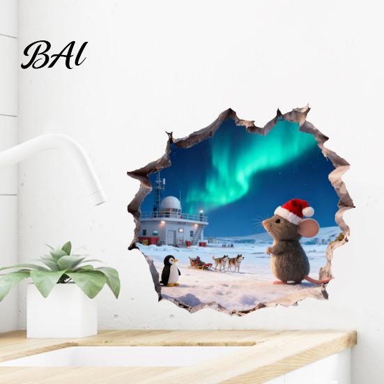 Winter Theme Wall Sticker 3D Christmas Mouse Hole Sticker, Waterproof PVC Decal, Creative Festive Easy Apply Graphic Scene for Holiday Living Room And