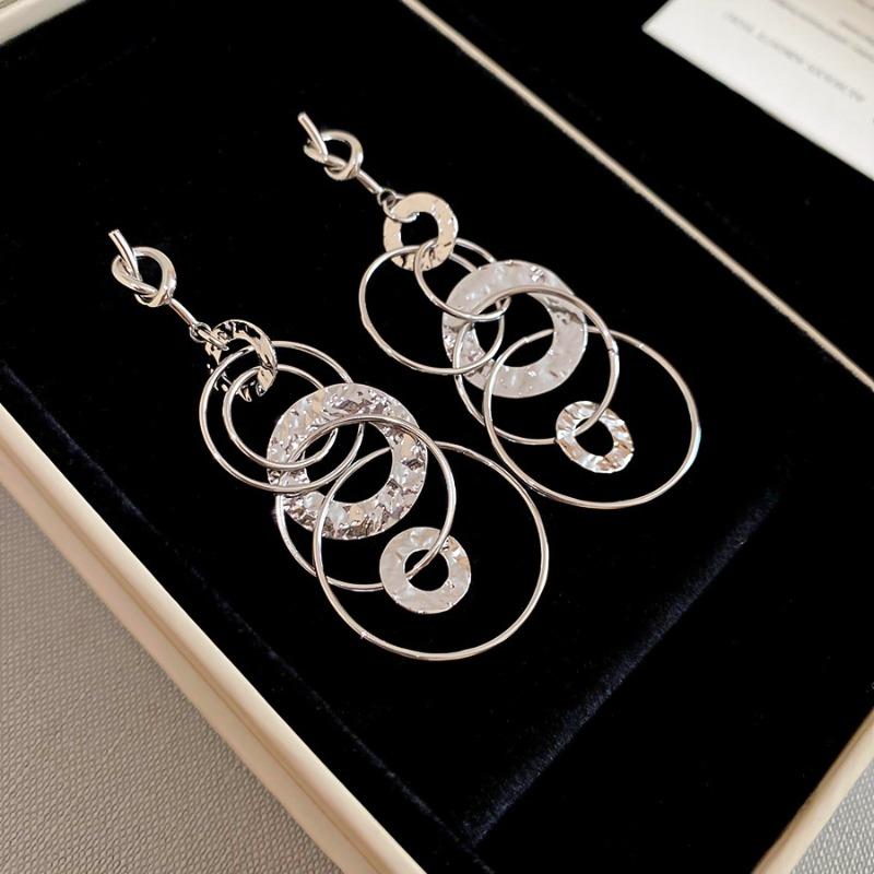 Silver needle European and American knotted round pleated metal fringed pendant earrings versatile stud earrings niche design earrings women