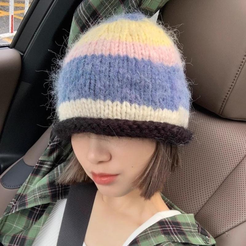 Traveling Bucket Hat Crochet Striped Plush Fisherman Hat for Y2K Girls Shopping
