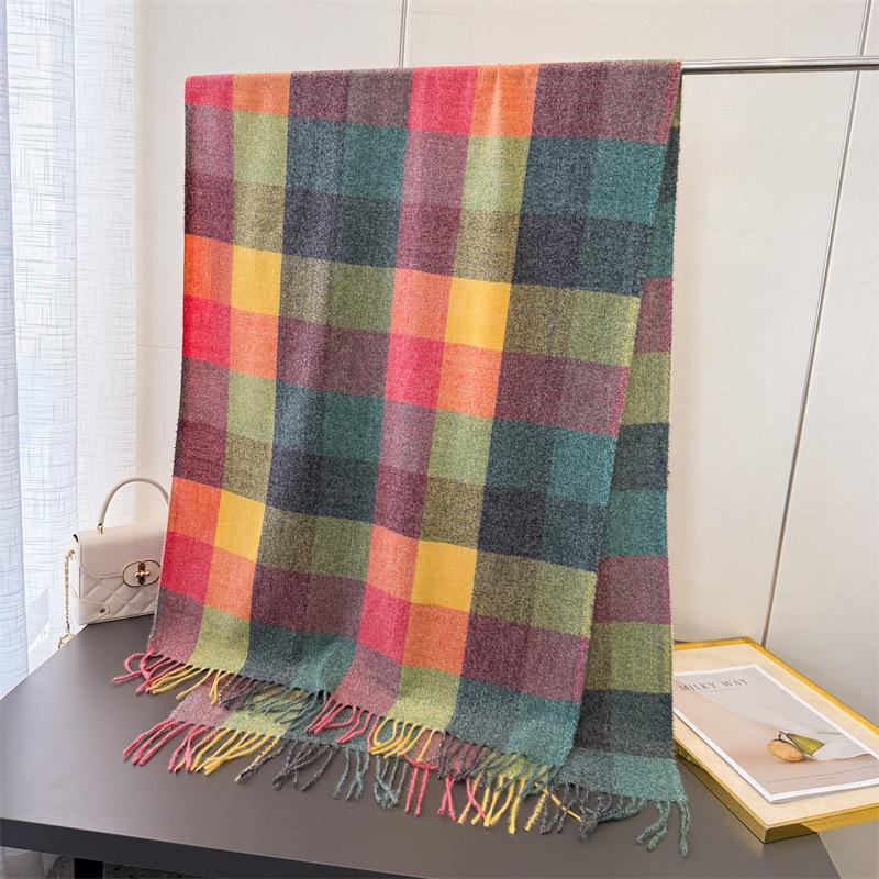Winter Rainbow Plaid Women's Imitation Cashmere Scarf Warm Shawls and Wraps Thicked Pashmina Female Blanket Scarves