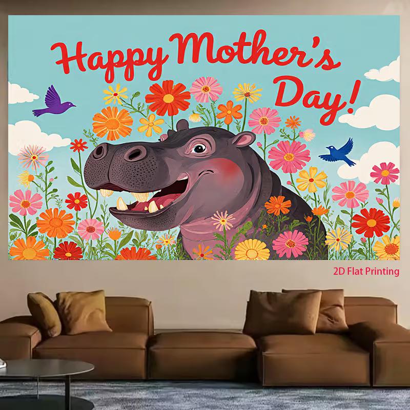 2D Happy Mother s Day Hippo Backdrop, Floral Photography Background 47.2x31.5inch/120*80cm