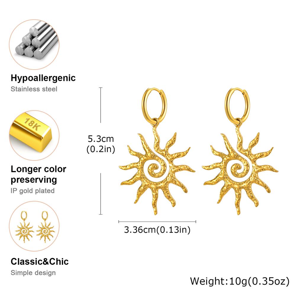 New Exaggerated Stainless Steel Sun Pendant Necklace Drop Earrings for Women Trendy Waterproof Statement Jewelry Set Accessories