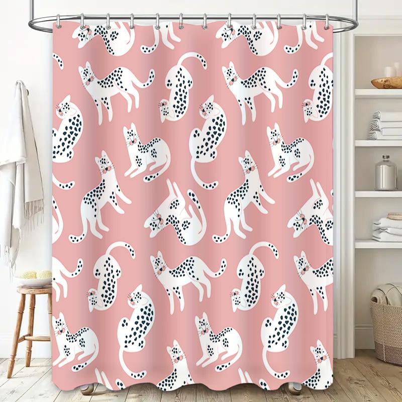 Pink Bath Shower Curtain with White Cats Dogs Pattern Decorative Waterproof Polyester for Home Bathroom Accessories