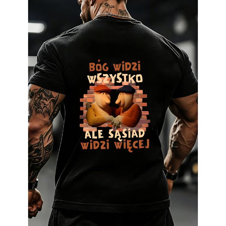Black T-Shirt with Cartoon Characters And Polish Text for Casual Wear