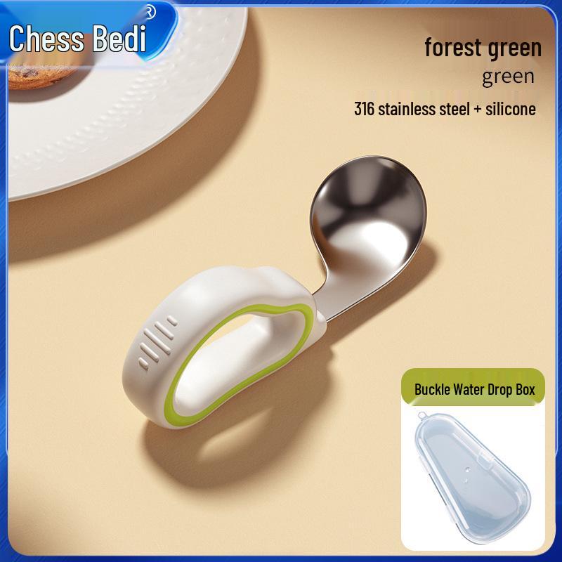 Infant Training Silicone Spoon & Fork Set - Stainless Steel, Short Handle, Bent Head for Learning To Eat