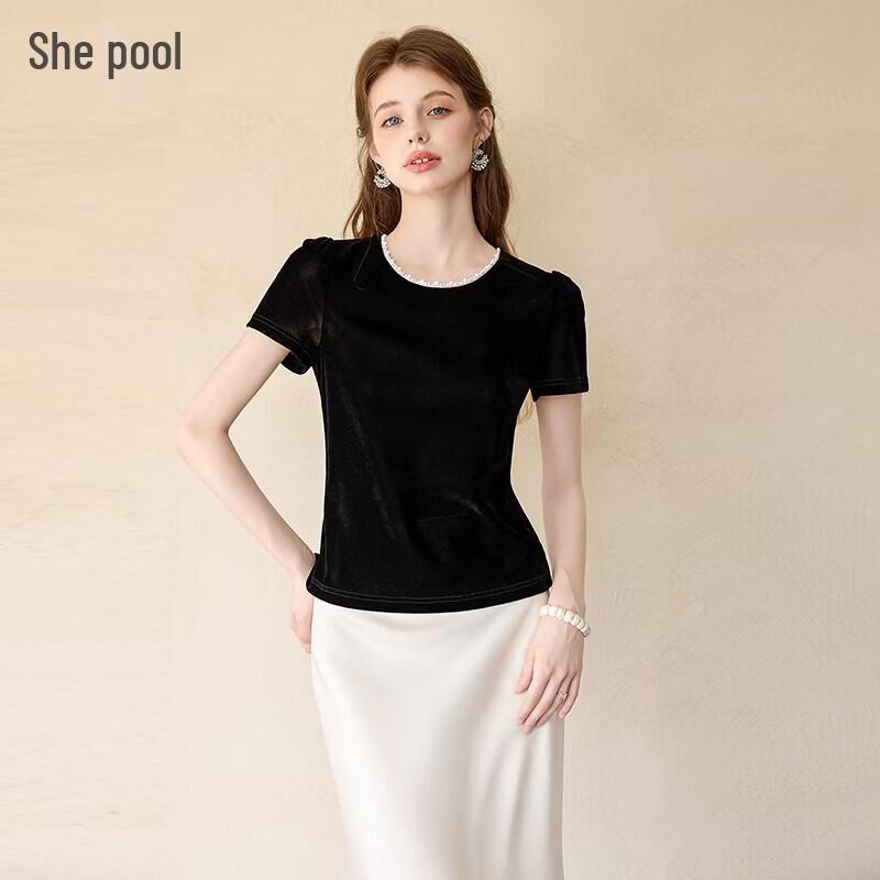 Women s Elegant Lyocell Mesh Patchwork Slim Fit Short Sleeve T-Shirt L