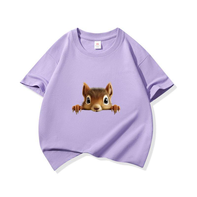 Kids Cotton T Shirt Cute Peeking Squirrel Print Crew Neck Short Sleeve Tee Casual Breathable Boys Girls Summer Tops