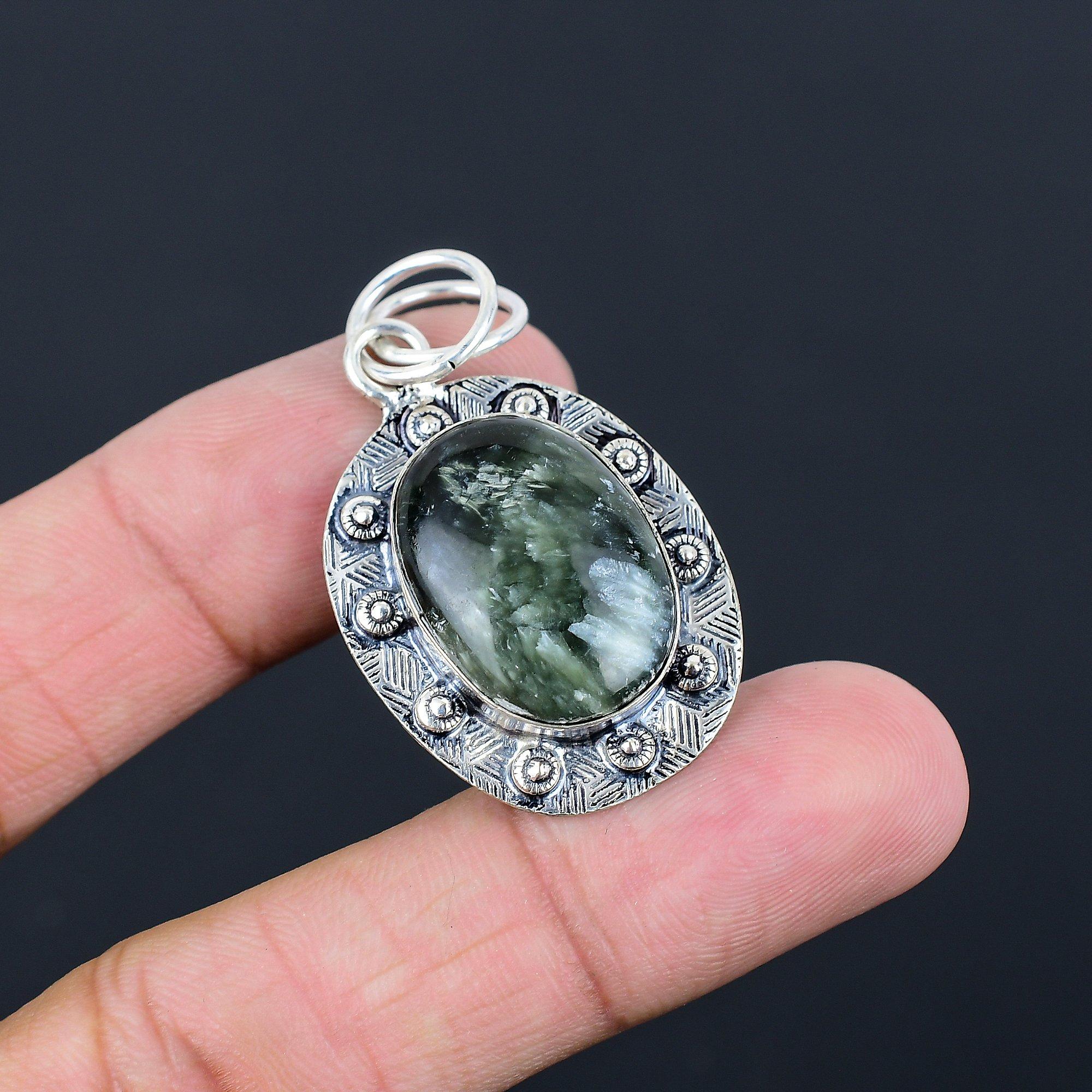 Oval Natural Seraphinite 925 Sterling Silver Engagement Wedding Pendant Jewelry