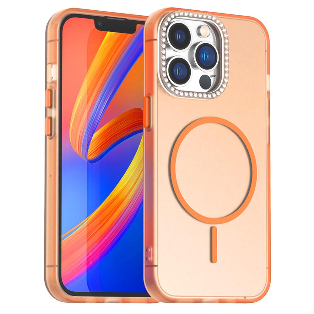 For iPhone 13 Pro Max Case Compatible with MagSafe TPU+PC+PET Phone Cover Rhinestone Decor Lens Frame