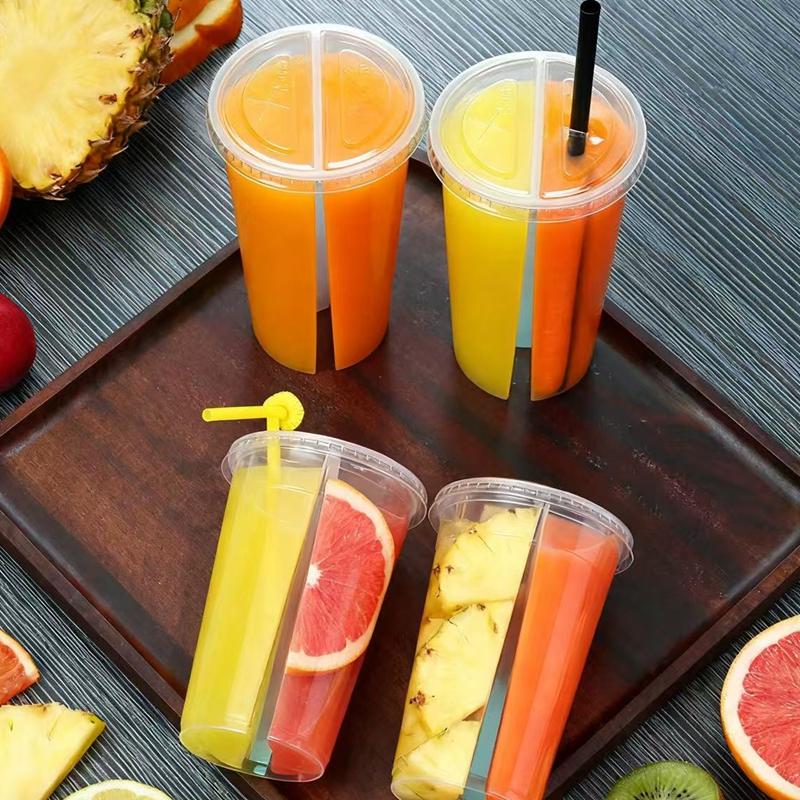 200pcs Disposable Dual Chamber Plastic Cups, 2-in-1 Double Grid Drinking Cups for Bubble Tea, Juice, Cocktails, Milkshake