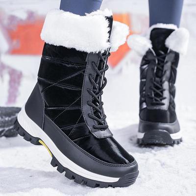 Stivali da neve impermeabili da donna con lacci, fodera in velluto, suola spessa, antiscivolo, a gambale alto, disponibili in taglie grandi.