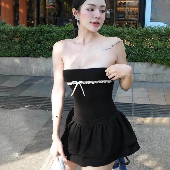 Sweet and salty age-reducing lace edge bow tube top dress women's waist and thin hot girl tutu