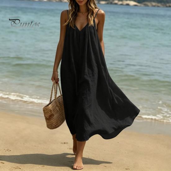 Soft Fabric Dress Women's Spaghetti Strap Beach Sundress, Summer Sleeveless V Comfortable Neck Cami Dress, Loose Flowy Vacation Long Versatile Holiday