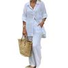 Elegant Solid Cotton Linen Shirt 2 Piece Set For Women Casual Outfits Autumn Long Sleeve Pocket Top Wide Leg Pants Suits Female