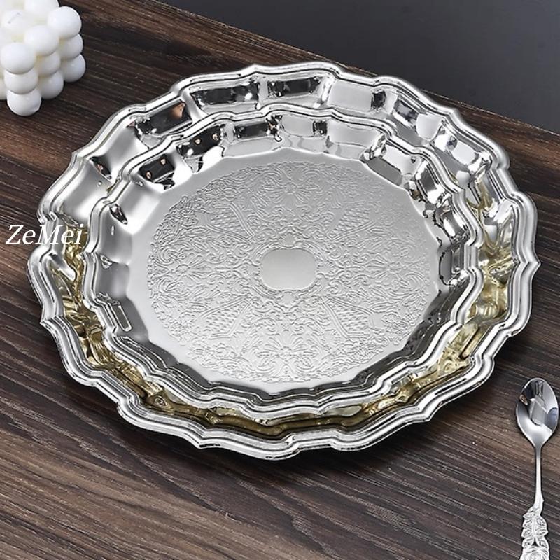 European-Style Cake Plate,Exquisitely Carved Flower Texture Creative Display Metal Coffee Cup Tray,Home Dessert Plate Decoration