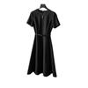 High-end fabric simple dress women's  summer new round neck waist a word satin solid color skirt