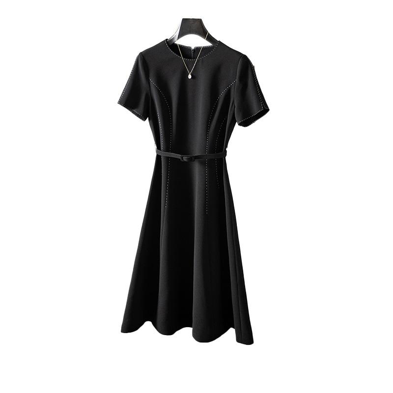 High-end fabric simple dress women's summer new round neck waist a word satin solid color skirt