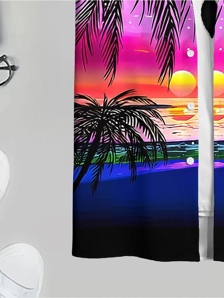 Men'S Casual Short Sleeve Shirt, Multiple Specifications Available, Polyester Material, Sunset And Seaside Scenery Print, Suitable for Daily Wear And