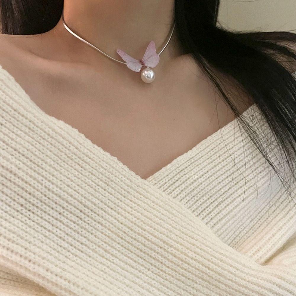 

Chain Pearl Tassels Necklace Exquisite Vintage Butterfly Necklace Birthday Gift розовый