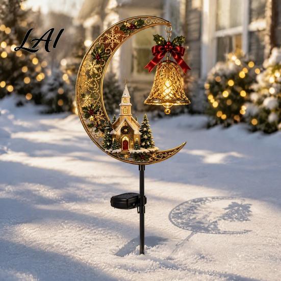 Solar Stake Lights for Walkways Christmas Crescent Light Moon Snowman Garden Waterproof Night Scene Atmosphere LED Pathway Lamp Outdoor Yard