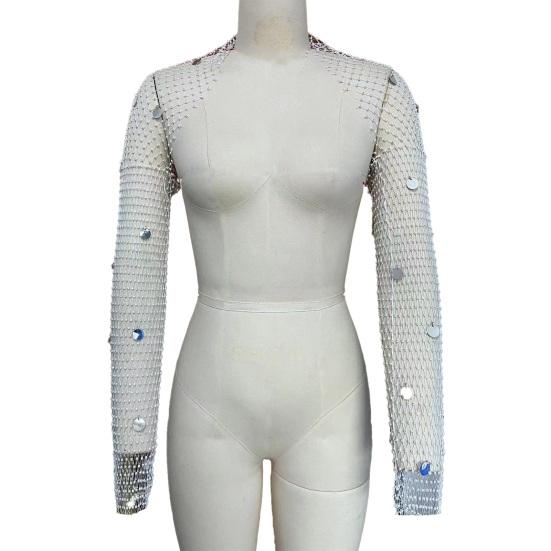 Damski Bolerko z Piórami i Dżetami Długi Rękaw Siateczka Fishnet Błyszczący Odkryty Przód Cover Up Błyszczący Crop Top na Imprezę