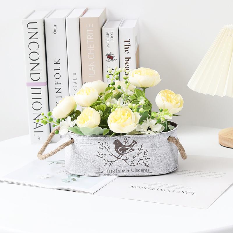 Ovaler Blumentopf aus Metall im Vintage-Stil mit Hanfseil für Sukkulenten und Grünpflanzen