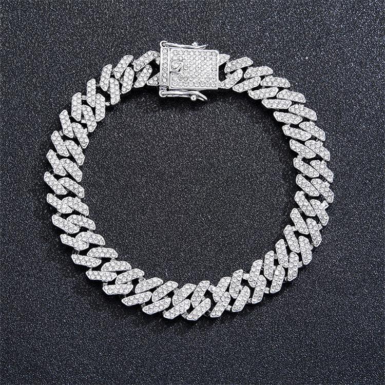 Iced Out Hip Hop Alloy and Two Rows Diamond 12mm Width Rhombus Cuban Chain Anklet for Women Men 12mm width cuban chain anklet