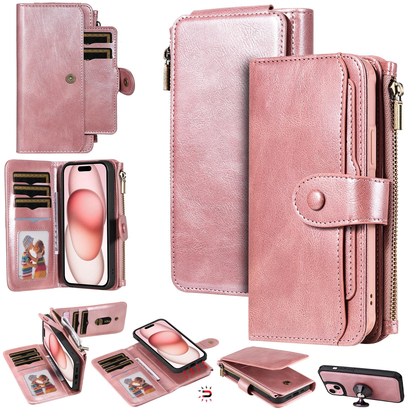 

For iPhone 15 Magnetic Case Detachable PU Leather Zipper Wallet Cover Rose Gold