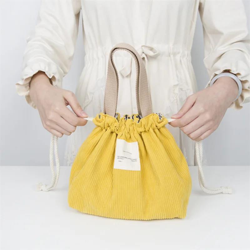 Lunch Bag Corduroy Canvas Box Drawstring Picnic Tote Eco Cotton Cloth Small Handbag Dinner Container Food Storage Bags