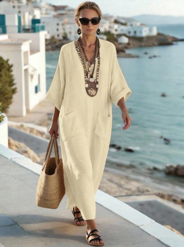 Summer Fashion Casual Hot Sale Solid Color Pocket V-neck Loose Imitation Linen Cotton Dress Women's Clothing