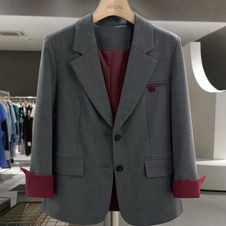 Ancola Damen Rot-Grau Patchwork Altersreduzierender Anzugjacke - 2025 Trendiger Streetstyle für Frühling & Herbst