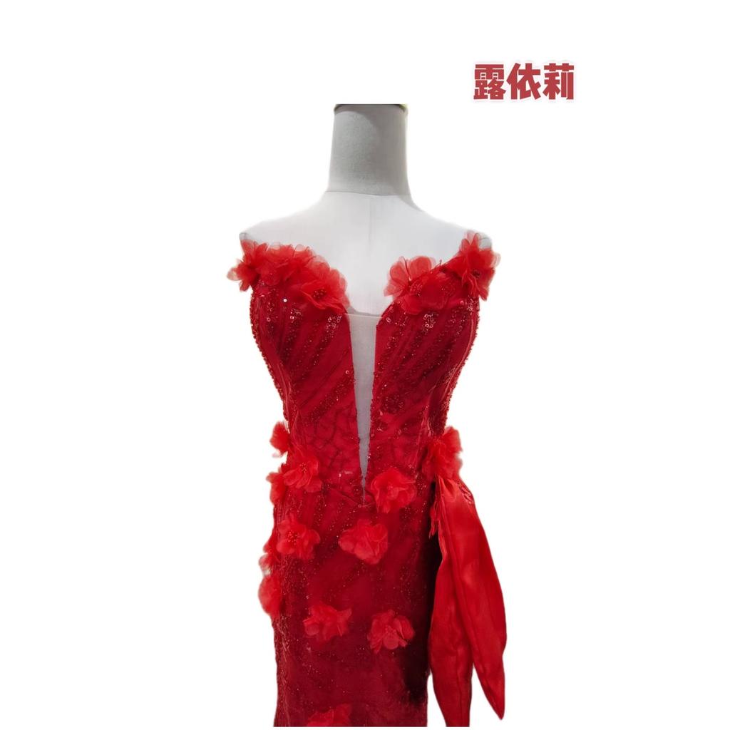 European and American new sexy tube top three-dimensional flower slim hip bow party dinner long dress
