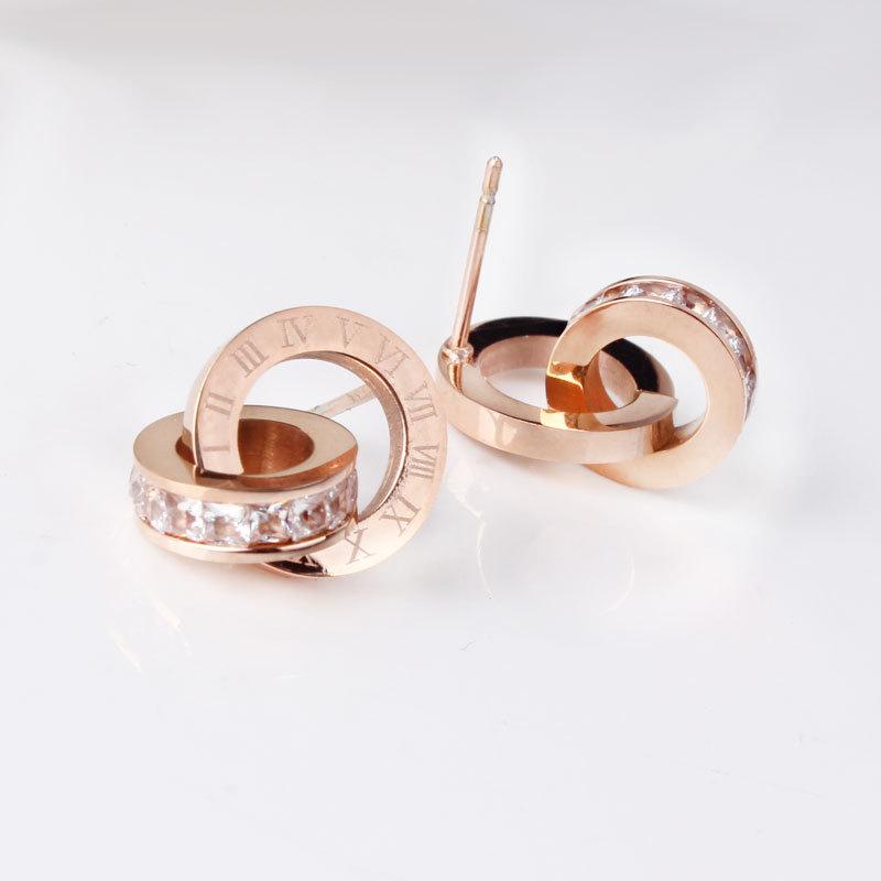 Titanium Steel Korean Roman Numeral Double Circle Stud Earrings