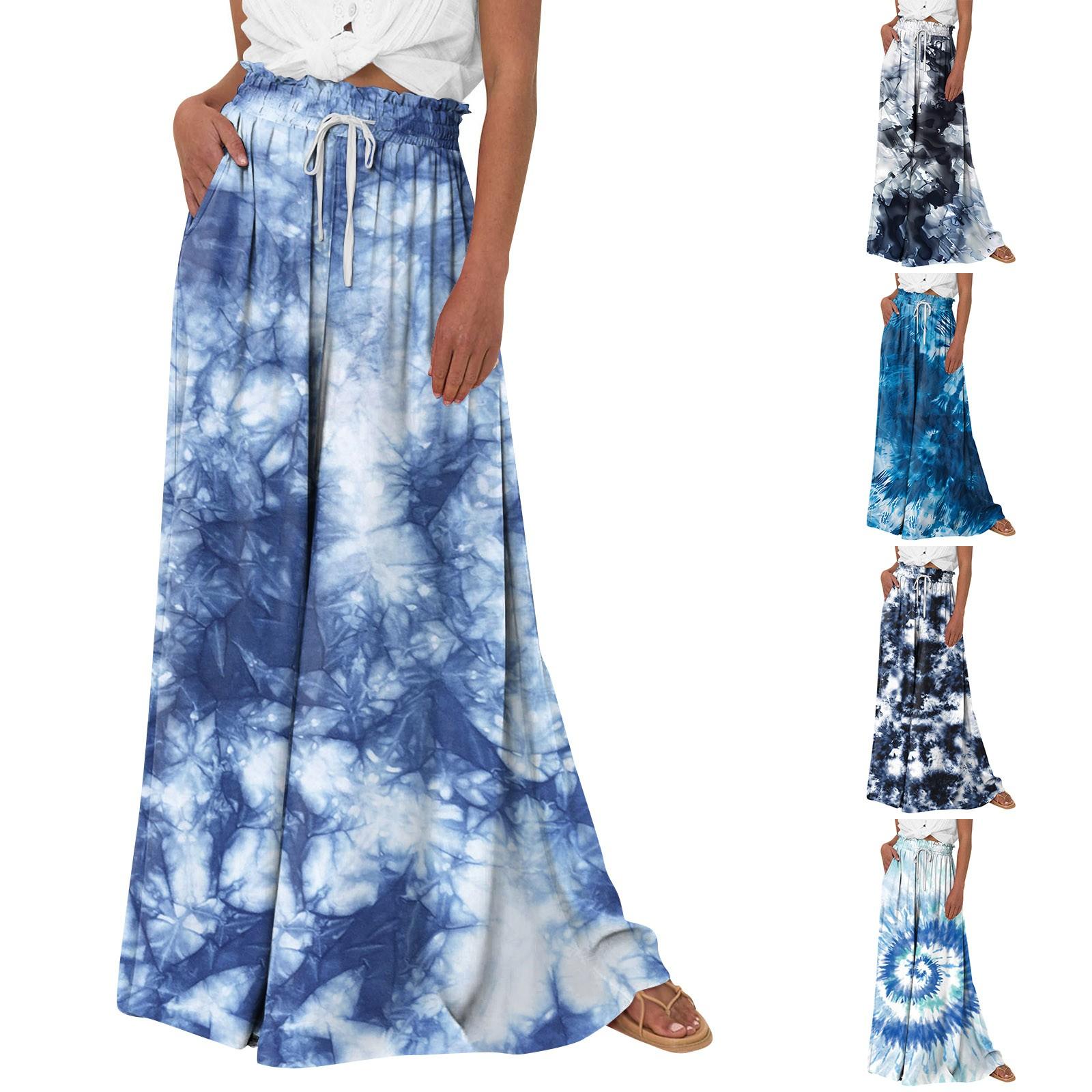 

Women s Printed Wide Leg Pants With Pockets High Waist Drawstring Loose Casual Pants L чорний