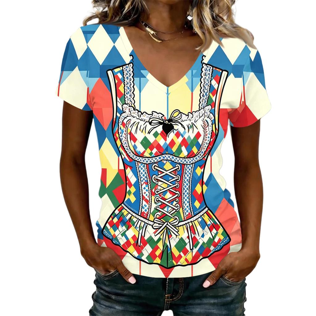Women's Casual V Neck Short Sleeve T Shirt Oktoberfest Print Top Lightweight Comfortable Summer Tee for Everyday Wear