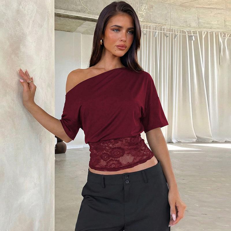 Women Sexy Slanted Neck Off Shoulder Short Sleeve Lace Patchwork Waist Cinched Cropped T Shirt