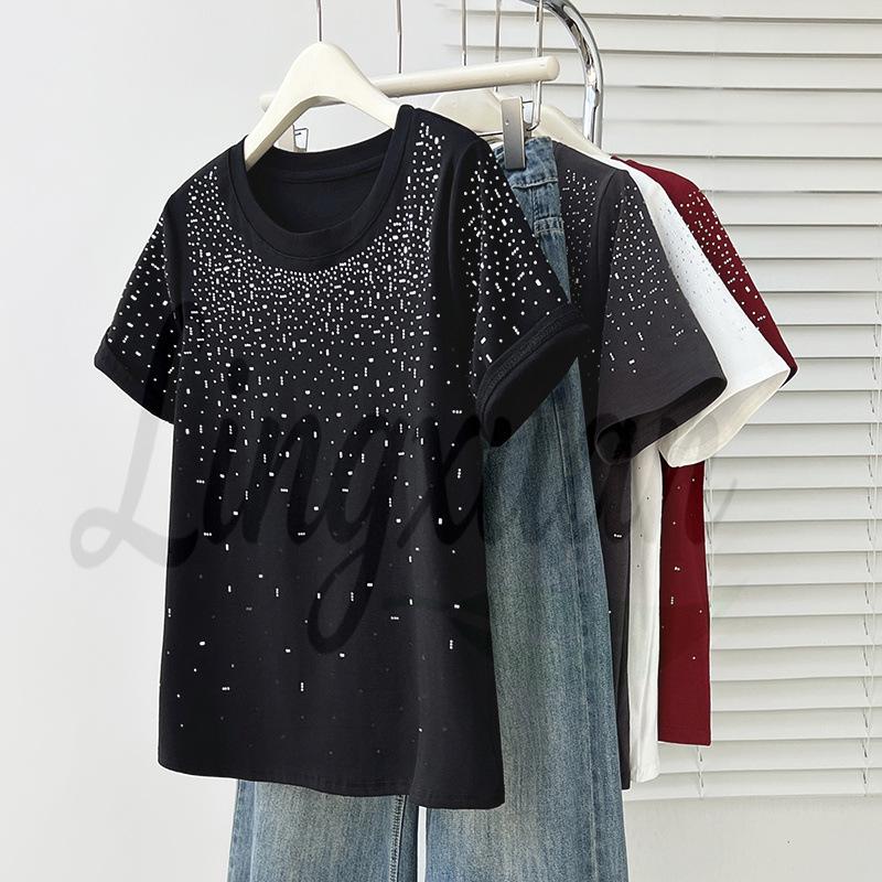Summer 2026 Plus Size Women s Chic Rhinestone Round Neck Short Sleeve T-shirt 3XL чёрный