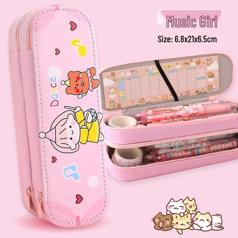 Large Capacity Cute Cartoon Double Layer Pencil Case for Students, Girly Heart Design, Stationery Storage Bag