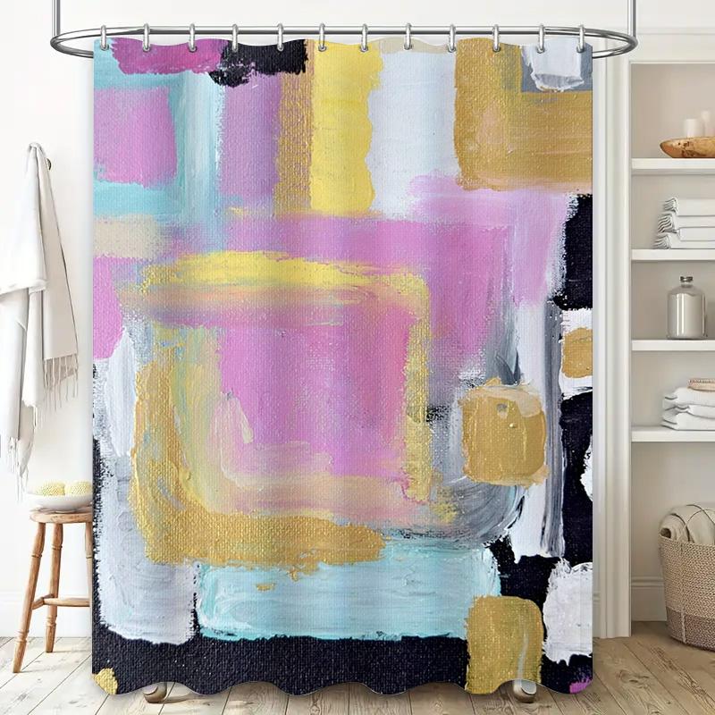Modern Abstract Shower Curtain Bathroom Decor Artistic Colorful Pink Gold Blue Yellow Black Gray Size Customizable Waterproof Fa